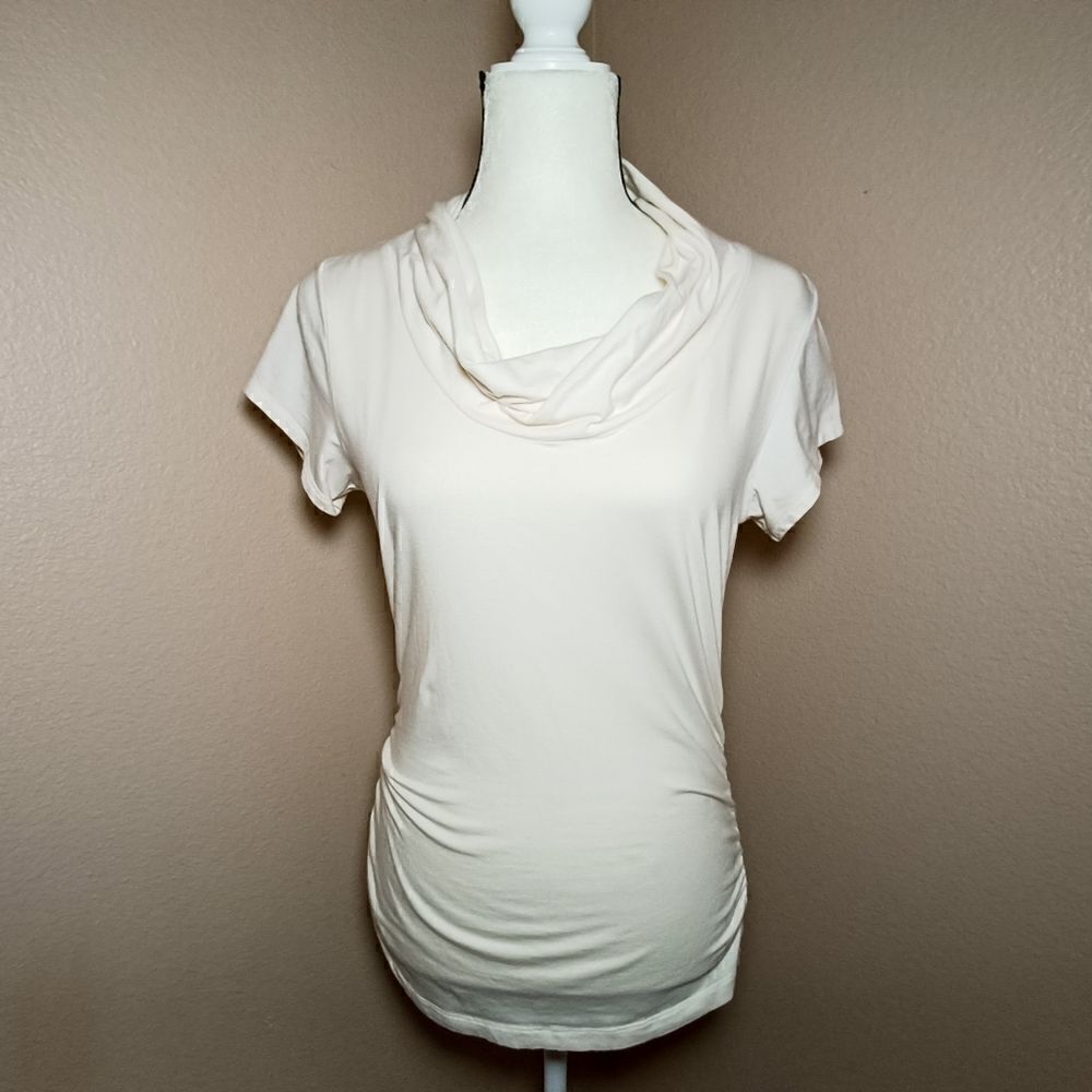 CAbi short sleeve side cinch cowl neck shirt top M